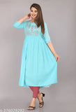 Blue rayon embroidered kurti, three-quarter sleeves, Indian traditional style