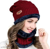 Red woolen beanie cap and muffler scarf set, ultra-soft and warm for women