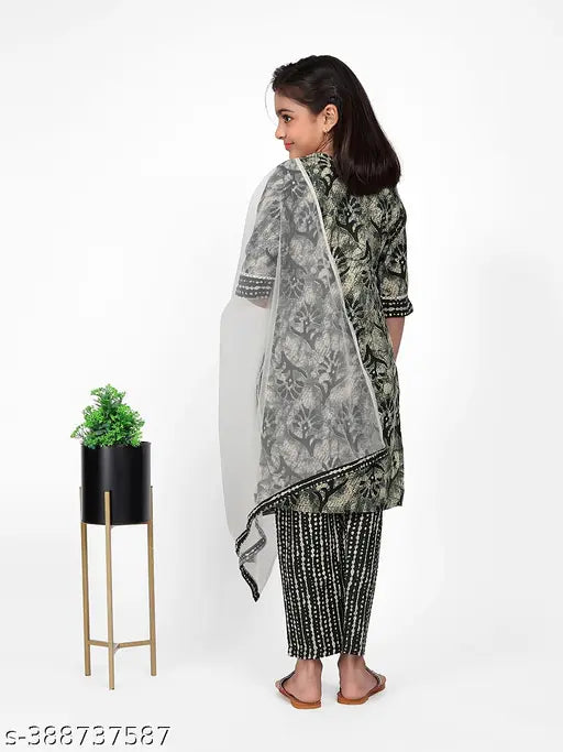 A-line cotton embroidered kurta and trousers set with dupatta for girls aged 8-14 years, Indian traditional clothing