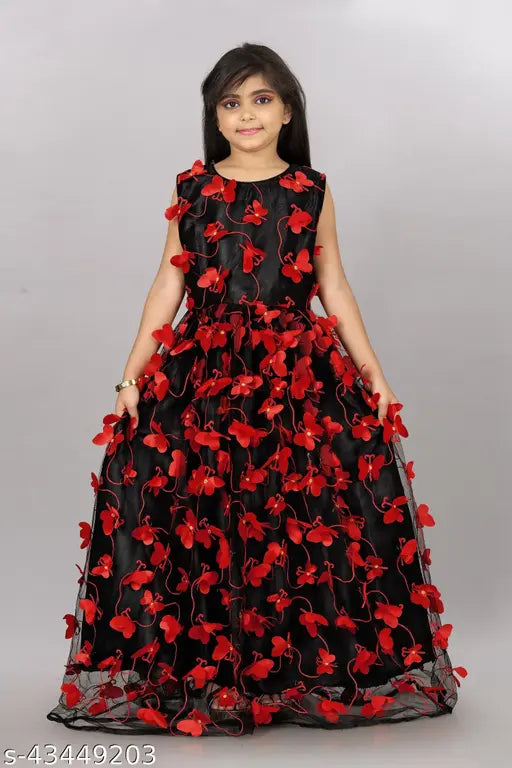 Black net frock dress for girls, embroidered butterfly embellishment, size 2-12 years