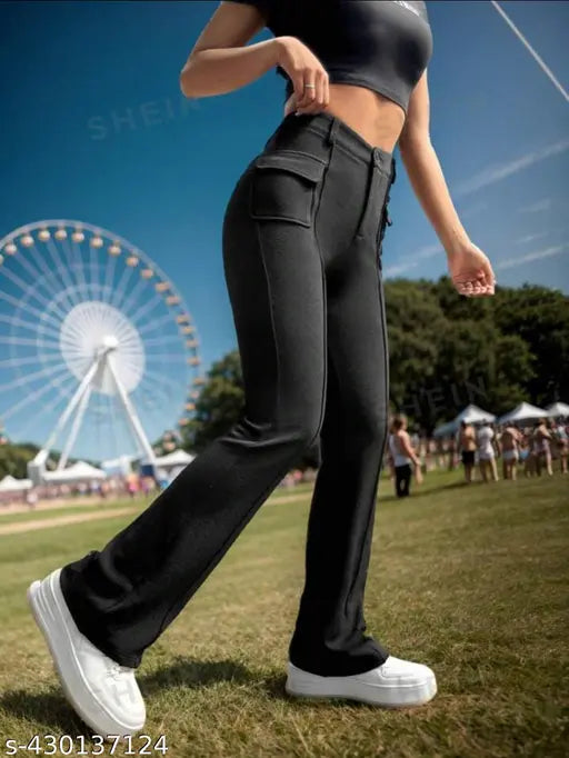 Black viscose-polyester blend trouser, regular fit, solid pattern, elastic waistband - FAMISS Fashion Trousers from India