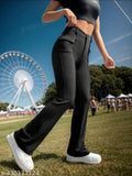 Black viscose-polyester blend trouser, regular fit, solid pattern, elastic waistband - FAMISS Fashion Trousers from India