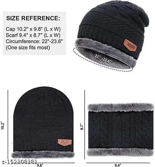 Woolen black woven winter beanie cap for men - stylish slouchy hat for sports, parties, travel