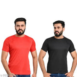 Reda and Black men's T-shirts (pack of 2), polycotton, short sleeves, solid color. Comfortable, trendy apparel for active, casual, or sports wear, with sweat-absorbent technology and positional prints. Made in India