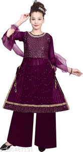 Purple Georgette Nayra Cut Sharara Style Kurti Palazzo with Duppatta for Kids - Traditional Indian ethnic wear for girls aged 4-13 years