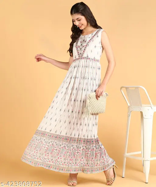 Silk blend sleeveless embroidered net gown, ethnic print fit and flare dress, Indian fashion silk gown (N, S, M, L, XL)