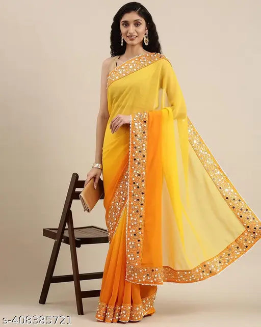 Georgette saree with separate dupion silk blouse, vibrant color, heavy Zardosi embroidery and mirror handwork, free size (L5.5m B1.1m), India