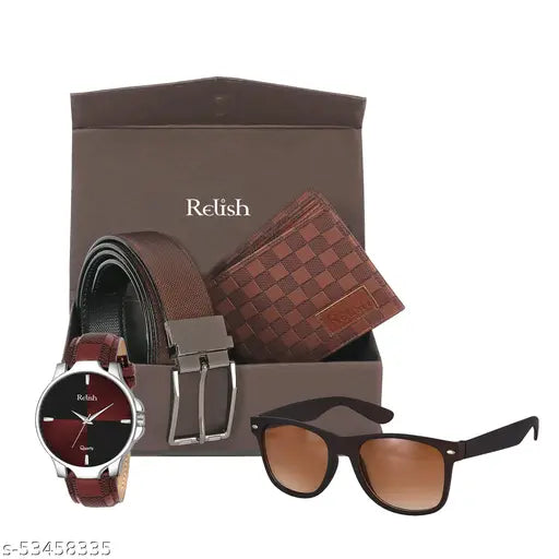 Black synthetic watch, belt, sunglasses, wallet combo for men's gifts - Diwali edition, textured net pattern