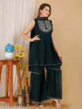 Black Rayon Kurta Set with Sharara and Dupatta: Elegant women's A-line rayon kurti, Sharara, and Dupatta set in regular fit, suitable for various occasions. Single pack containing 1 kurti, 1 Sharara, and 1 Dupatta. Rayon fabric ensures lightweight and soft feel against skin