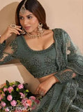 Designer green net lehenga with chain work embroidery - elegance meets modernity in high-quality Indian fashion