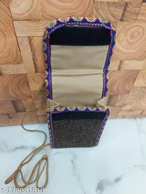 Jute mobile cover sling for girls, self-design pattern, free size, easy to carry accessory from India
