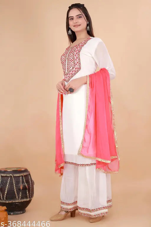 Georgette kurti set with sharara and dupatta, embroidered and stitched in India for special occasions, available in M, L, XL, XXL sizes