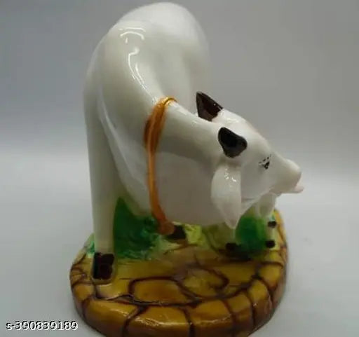 Multicolor finish Kamadhenu cow and calf idol statue, resin, vintage royal look for living room decor (8x12 cm)