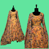 Trendy georgette print gown for women, best attire for Pithi, Haldi, Ubtan Mandha ceremonies. Long-sleeved, available in sizes S-XXXXL, Indian wedding collection