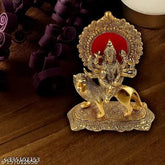 Golden metal Durga idol, Maa Shakti figurine on lion, traditional sand cast sculpture for Navratri home decor
