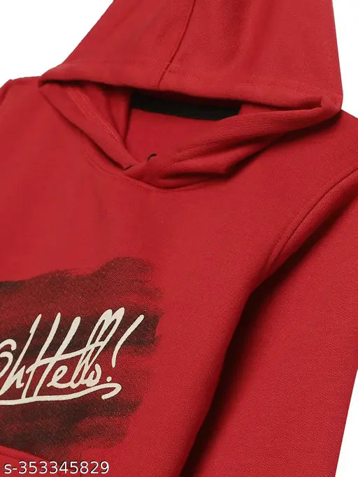 Maroon printed hoodie for boys, cotton fleece sweatshirt with long sleeves and fun design, suitable for kids aged 2-3, 3-4, 4-5, 7-8, 8-9, 15-16 years. Made in India