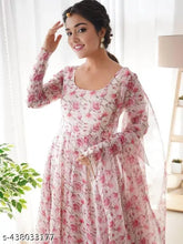 Light pink & white georgette Miral Gown, printed net with rose patterns, long sleeves, India-made for casual/semi-formal events. (M: 38in/34in/40in/13in, L: 40in/36in/42in/14in, XL: 42in/38in/44in/14in, XXL: 44in/40in/46in/14in)