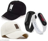 Black cotton BTS caps pack of 4, featuring ediko white cap with black and white LED ban watch for sporty, formal, and casual use by men and boys