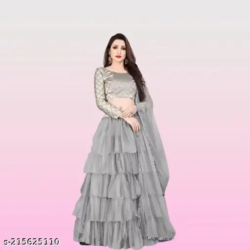 Red art silk and net lehenga choli set with ruffle dupatta and checked top, free size from India