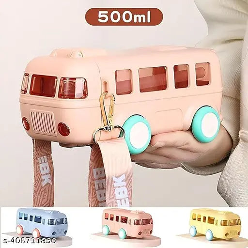 Blue Tritan Bus-shaped water bottle for kids, BPA free with lock and straw, leakproof design, vibrant colors, easy-to-carry strap, 500ml capacity