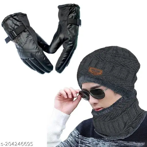 Grey woolen beanie cap and glove set by HIGHEX for extra cold protection, trendy fur pattern design, limited combo pack offer