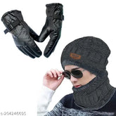 Grey woolen beanie cap and glove set by HIGHEX for extra cold protection, trendy fur pattern design, limited combo pack offer