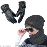 Grey woolen beanie cap and glove set by HIGHEX for extra cold protection, trendy fur pattern design, limited combo pack offer