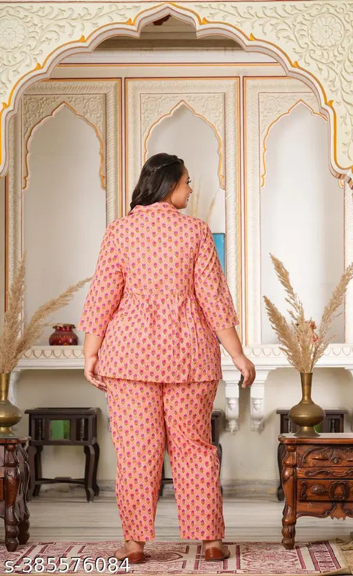 Pink cotton floral shirt nightsuits pack of 2, stylish and comfortable Indian-made women's sleepwear with shirt collar and three-quarter sleeves, featuring beautiful printed designs