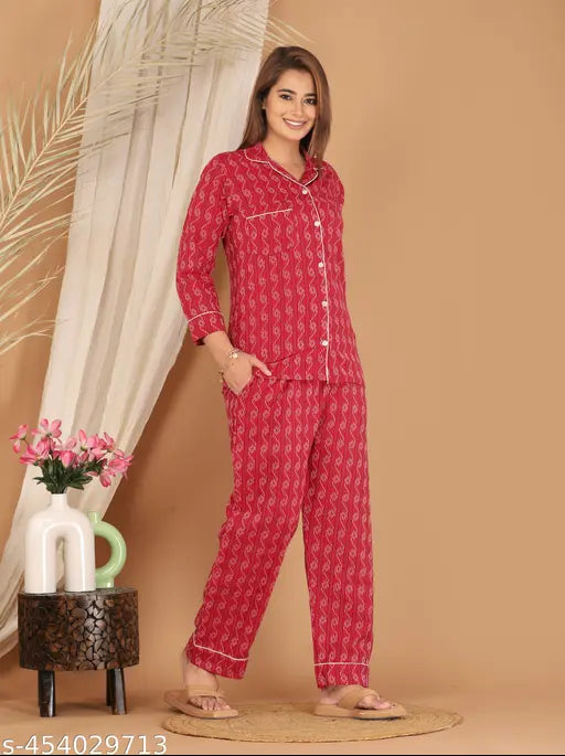 Red cotton printed women's nightwear set, cozy top & pyjamas in vibrant red with charming prints