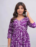 Purple Aliya Cut Rayon Kurti with three-quarter sleeves and printed combo, perfect for women's traditional wear. (L: Bust Size 40in, Length 43in. XL: Bust Size 42in, Length 43in) Indian fashion