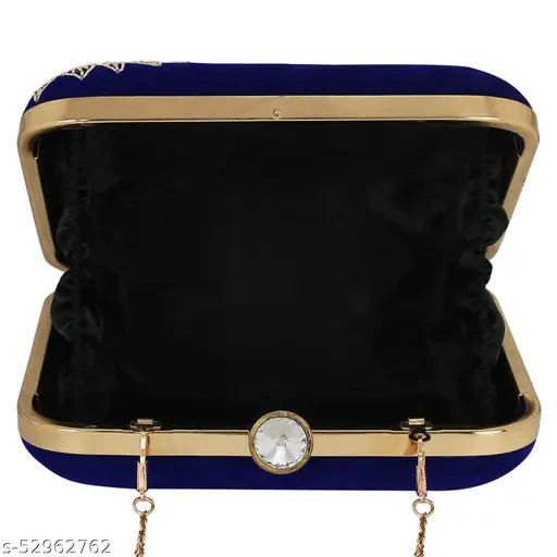 Blue velvet handcrafted embroidered clutch, featuring one compartment, showcasing intricate thread work. Handmade in India