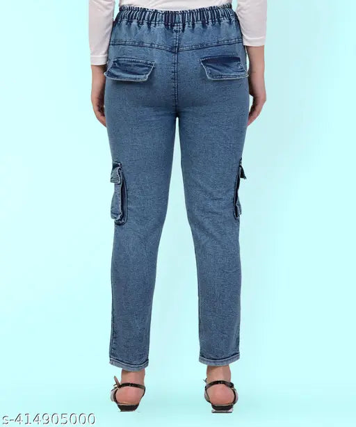 Stretchable premium denim cargo blue jogger jeans for girls plus size, mid-waist, tie-ups design in Benetto Mar color. Indian manufacturer