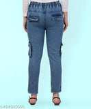 Stretchable premium denim cargo blue jogger jeans for girls plus size, mid-waist, tie-ups design in Benetto Mar color. Indian manufacturer