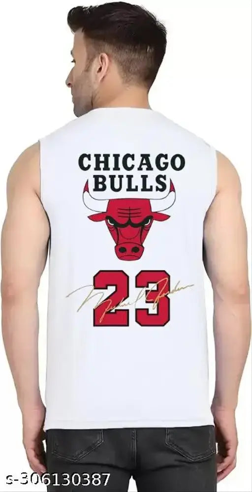 White striped round neck t-shirt with Chicago Bulls design, made from premium printed polyester. Perfect for casual wear and everyday use