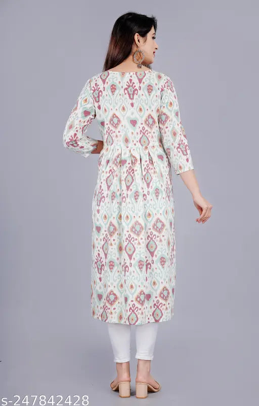 Rayon, three-quarter sleeve women's mirror work Nayra cut kurti from India with printed combo