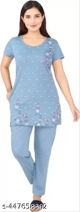 Blue cotton blend pyjama set, loose-fit nightsuit with printed design for women's casual wear. Soft, stretchy, and comfortable, perfect for summer nights. Made in India