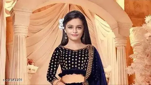 Velvet embroidered kids' lehenga choli, trendy Indian designer attire for girls aged 3-16 years