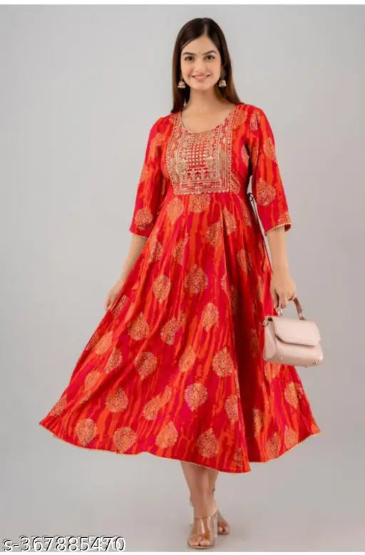 Rayon Anarkali embroidered Kurti with three-quarter sleeves, size XS to 6XL, popular ethnic wear from India