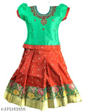 Designer silk lehenga-choli and pattu pavadai set, embroidered with zari stitch, suitable for kids parties and traditional occasions in India