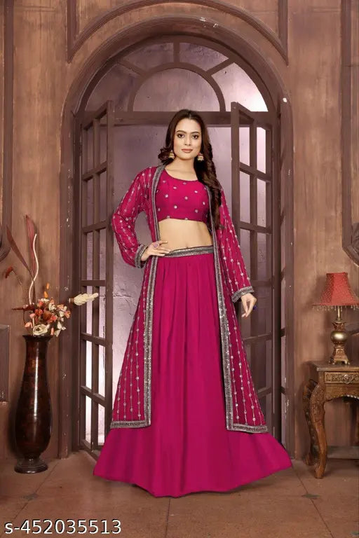 Trendy sequin-embroidered sharara set in Georgette fabric, featuring scallop blouse & dupatta. Perfect for Indian festivals or special events (Size N)