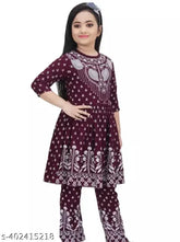 Maroon cotton blend Naira cut top & bottom set for kids - festive three quarter sleeves round neck party wear