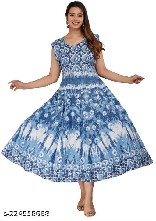 Vibrant printed cotton midi dress, perfect for every occasion. Sleeveless, free size, Indian origin