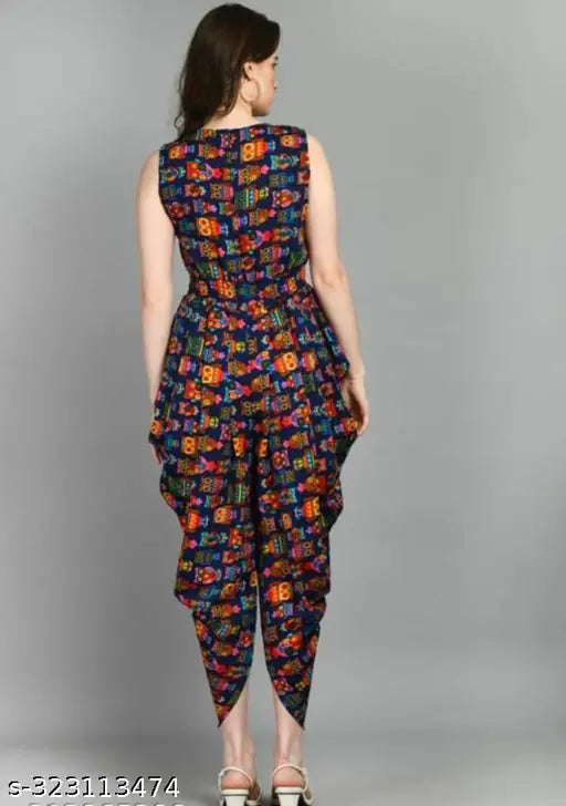 Classy modern women's crepe jumpsuit with printed net pattern. Sleeveless, sizes M-XL, made in India