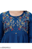 Blue rayon embroidered kurti with three-quarter sleeves, intricate embroidery detail for women, India origin