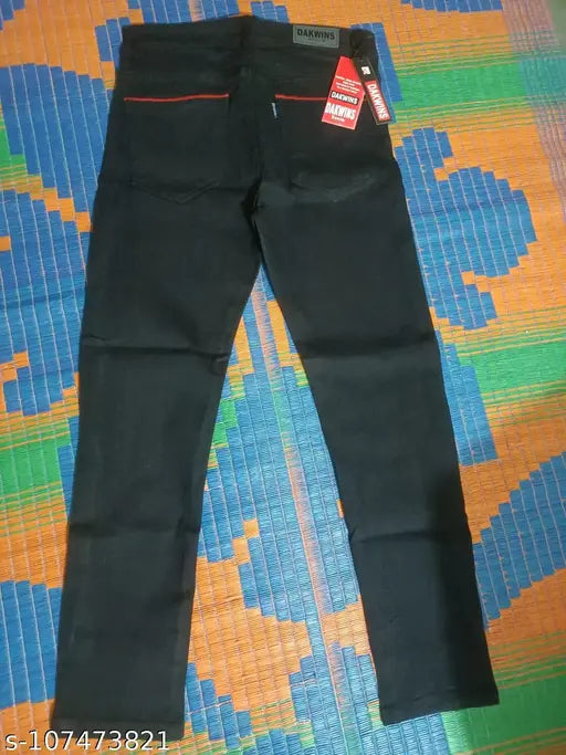 Black denim men's jeans with red pocket lining, high-quality stretchable fabric for casual and special occasions. India origin