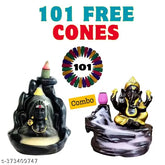 Handcrafted black polyresin-marble dust idols of Lord Adiyogi and Ganpati Ji, accompanied by 101 free incense cones for backflow burners