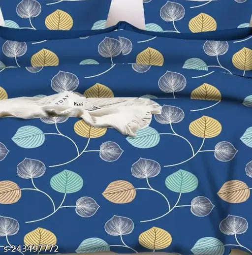 White Glace Cotton botanical double bedsheet with 2 pillow covers, ideal for adult summer use