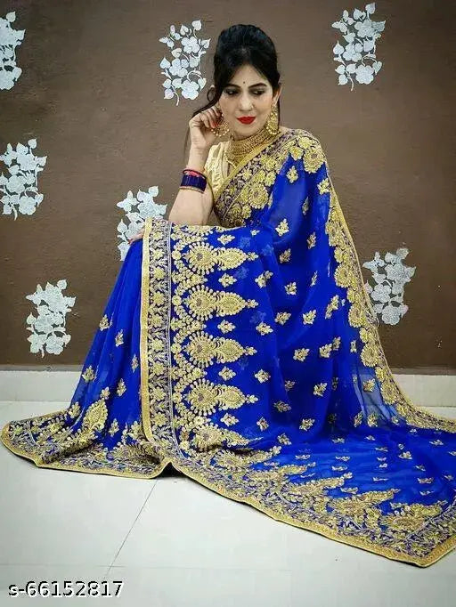 Georgette embroidered saree with jari work, free size, India-made