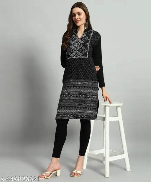 Striped three-quarter sleeve wool kurta set (L: Bust 36in, Size Length 39in) - Women's woolen attire from India