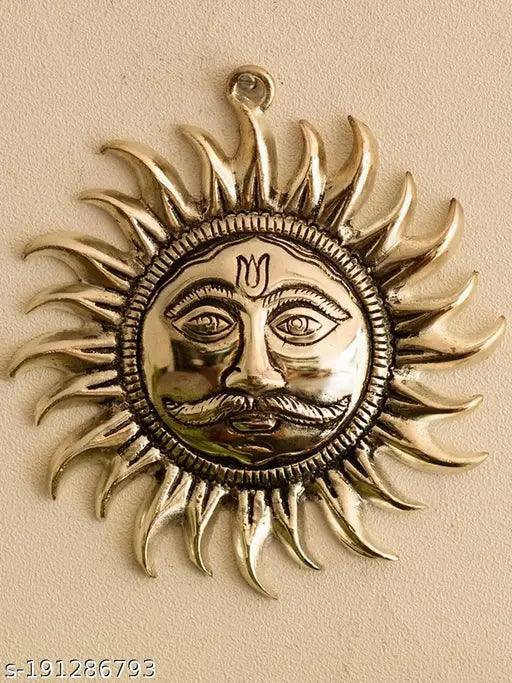 Golden Ashtadhatu Surya wall hanging, intricate sun face idol with a diameter of 16cm, perfect for home or office decor